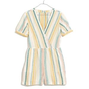 Madewell Linen Button-Wrap Striped Romper - 2